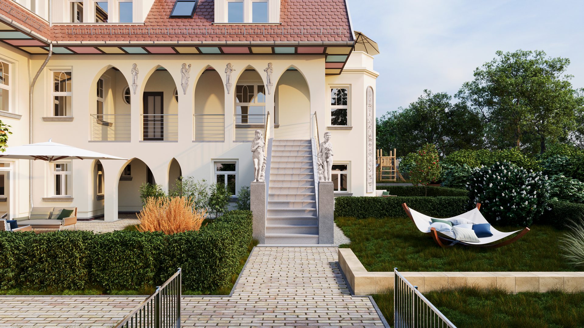 Villa Weinberg in Dresden mit Arkadengang, Freitreppe und Garten
